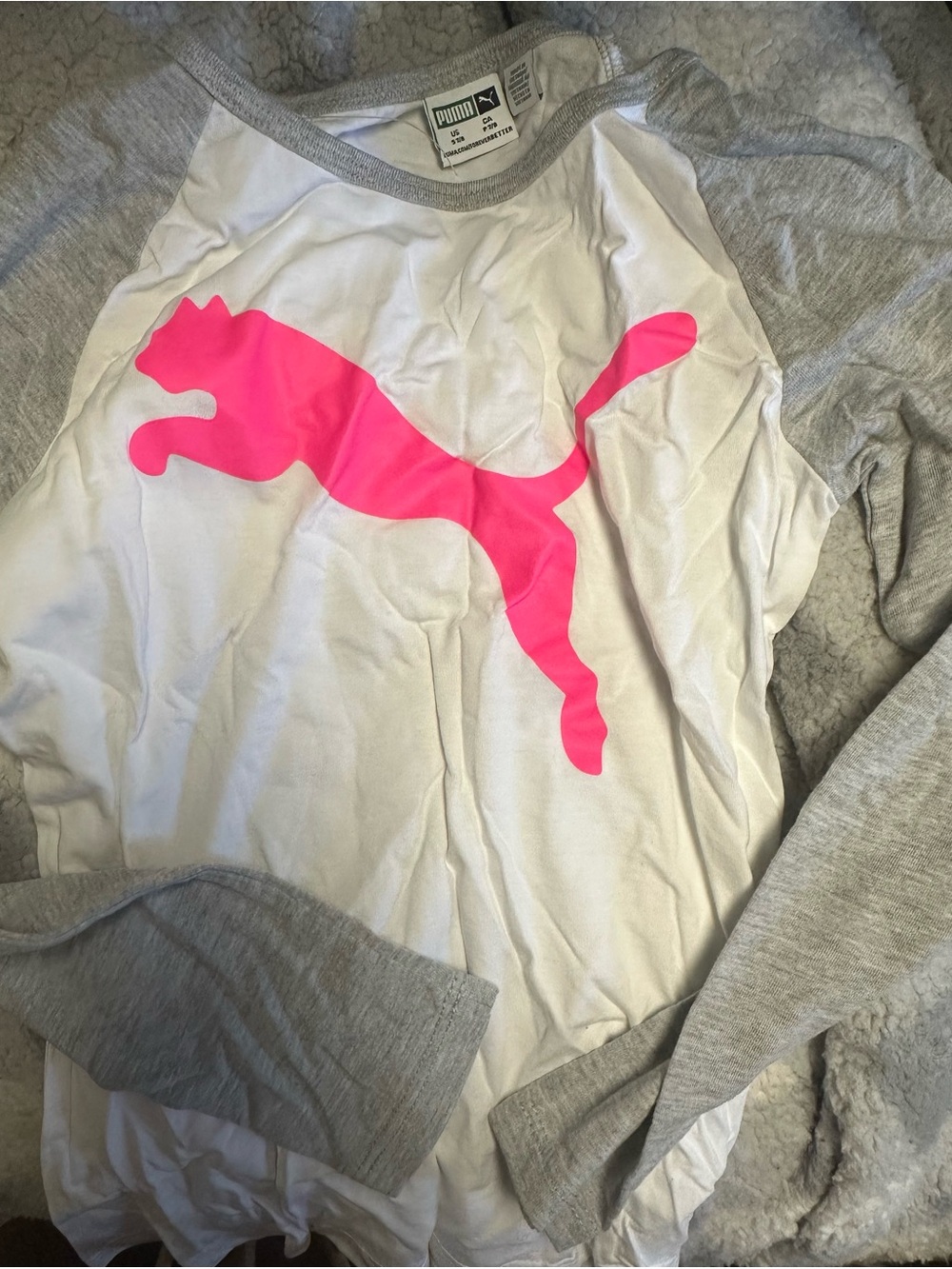 Puma White and Hot Pink Raglan Crew with Gray Trim
